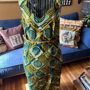 Handmade in Ghana Sleeveless African Print, Rust and Green dress, Below the knee